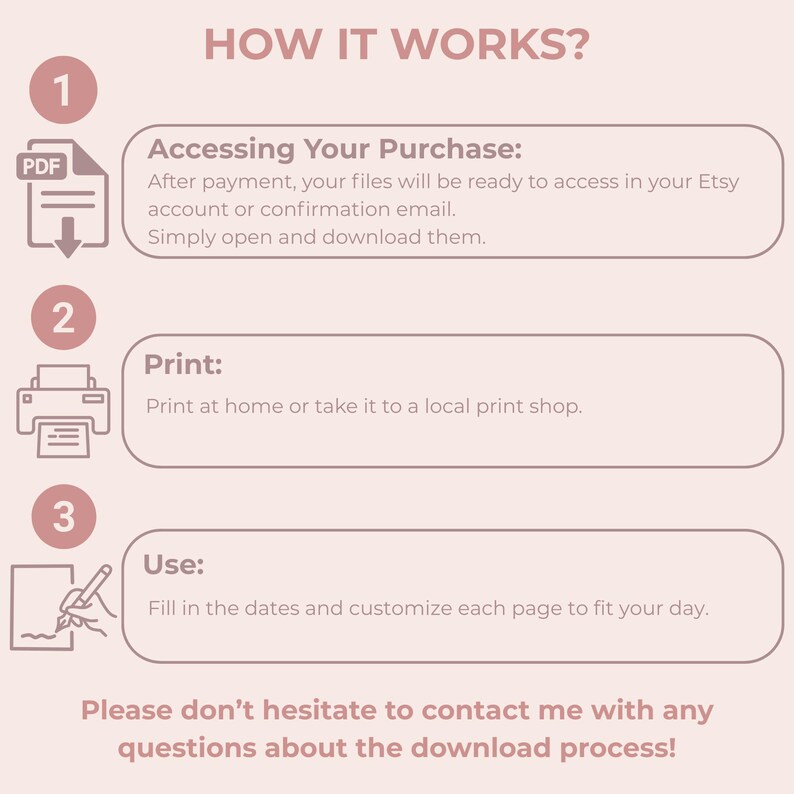 May include: A light pink graphic with the text "HOW IT WORKS?" and numbered steps. The steps explain how to access, print, and use a digital download. The text also includes a call to contact the seller with questions about the download process.
