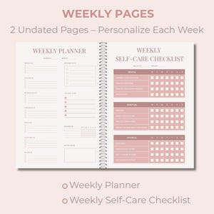 May include: Open spiral-bound weekly planner with two undated pages. The left page is a weekly planner with sections for priorities, to-do list, habits, and reminders. The right page is a weekly self-care checklist.