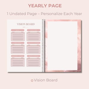May include: Open planner with a pink cover and spiral binding. The left page features a vision board layout with sections for goals and aspirations. The right page is blank. Text includes "YEARLY PAGE" and "VISION BOARD".