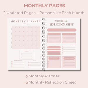 May include: Open planner with pink pages. The left page is a monthly planner grid, and the right page is a monthly reflection sheet. Text at the top reads "MONTHLY PAGES" and "2 Undated Pages - Personalize Each Month."