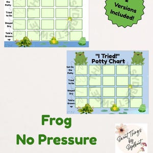 May include: A potty training chart with a frog theme. The chart includes the text "I Tried!" and spaces to mark progress. The words "Frog No Pressure Potty Training" are also displayed. The image also includes a green badge that says "2 Versions Included!"