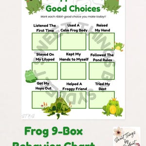 Op de afbeelding: Een witte gedragstabel met groene kikkerillustraties en de tekst "Hoppin' Into Good Choices." De tabel bevat negen vakken met prompts zoals "Listened The First Time" en "Tried My Best." De titel "Frog 9-Box Behavior Chart" staat onderaan.