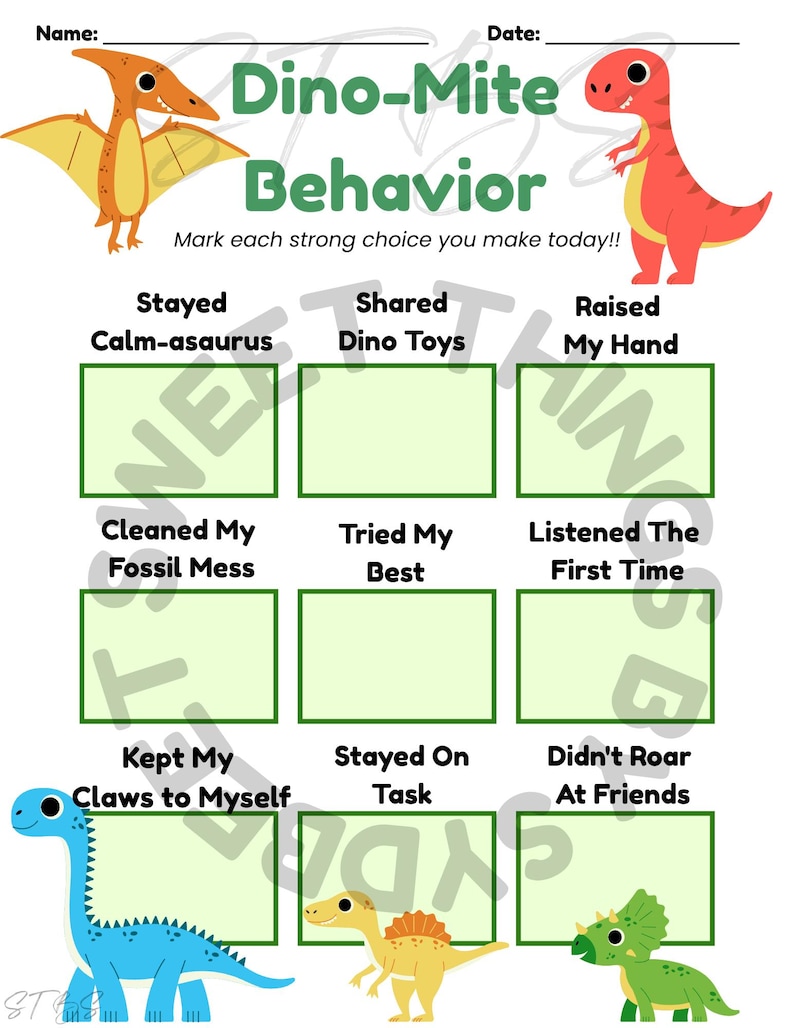 Dinosaur Behavior Chart for Kids | Printable Positive Choices Chart ...