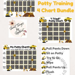 May include: A bundle of four construction-themed potty training charts. Each chart features a yellow construction vehicle graphic and a grid for tracking progress. The charts include phrases like "My First Potty Chart!!" and "I Tried!" with instructions.