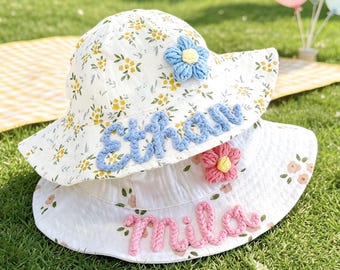 Personalized Baby Muslin Sun Hat, Adjustable Beach Hat, Baby Girl Bucket Hat UPF 50+