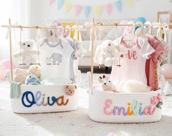 Custom Name Baby Shower Basket: Nursery Organizer with Swing & Hanger Stand,Baby Boy Gift