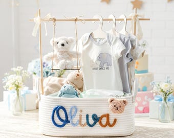 Custom Name Baby Shower Basket: Nursery Organizer with Swing & Hanger Stand,Baby Boy Gift