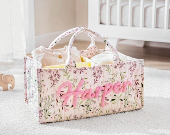Personalized Quilted Baby Essentials Basket, New Mom Gift, Nursery Storage Box