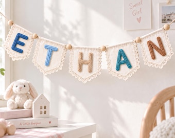 Custom Lace Canvas Name Bunting, Raised Yarn Letter Garland, Nursery Wall Decor
