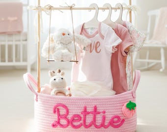Custom Name Baby Shower Basket: Nursery Organizer with Swing & Hanger Stand,Newborn Keepsake