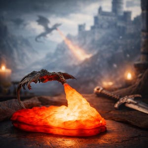 Könnte beinhalten: Eine bronzene Drachenfigur stößt einen feurigen orangefarbenen Schein aus, der eine rote, lavaähnliche Basis beleuchtet. Ein zweiter Drache fliegt im Hintergrund, mit einer Burg und Bergen in der Ferne. Ein Schwert liegt auf einer Holzoberfläche.