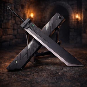 Könnte beinhalten: Zwei gekreuzte schwarze Schwerter mit detailliertem Design, geometrischen Mustern und einem grünen Licht. Die Schwerter haben einen strukturierten Griff und eine scharfe Klinge. Der Hintergrund ist ein schwach beleuchteter Raum mit Steinwänden.
