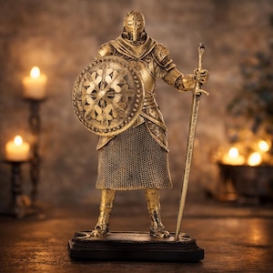 Peut inclure: Figurine de chevalier dorée, tenant une épée et un bouclier. Le chevalier porte une armure et un casque détaillés. Le bouclier présente un motif décoratif. La figurine est posée sur une base noire.