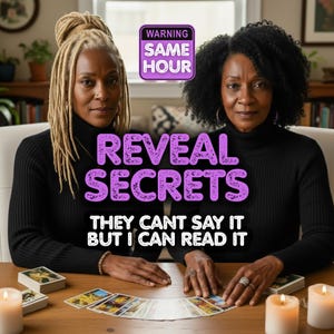 Può includere: Due donne con dolcevita neri sedute a un tavolo di legno con carte dei tarocchi e candele accese. L'immagine include il testo "Rivelare segreti" e "Loro non possono dirlo, ma io posso leggerlo."