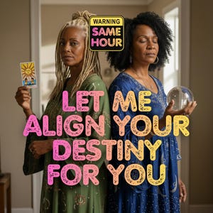 Puede incluir: Dos mujeres con vestidos largos están de espaldas. Una sostiene una carta del tarot, la otra una bola de cristal. El texto superpuesto dice "LET ME ALIGN YOUR DESTINY FOR YOU" con un gráfico "WARNING SAME HOUR".