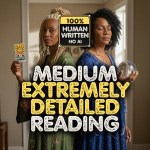 May include: Two individuals in robes, one in green holding a sun tarot card and one in blue holding a crystal ball. Text overlay reads 100% HUMAN WRITTEN NO AI and MEDIUM EXTREMELY DETAILED READING. The figures have dark skin and textured hair.