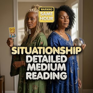 May include: Two individuals in an olive green and a navy blue dress, one holding a sun tarot card and the other a crystal ball. Text overlay reads WARNING SAME HOUR SITUATIONSHIP DETAILED MEDIUM READING in bold white and yellow lettering.