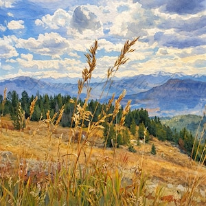 May include: A watercolor painting of a mountain landscape. Tall, golden grasses sway in the foreground, with a hillside of dry grass and evergreens. The background features a range of blue mountains under a cloudy sky.
