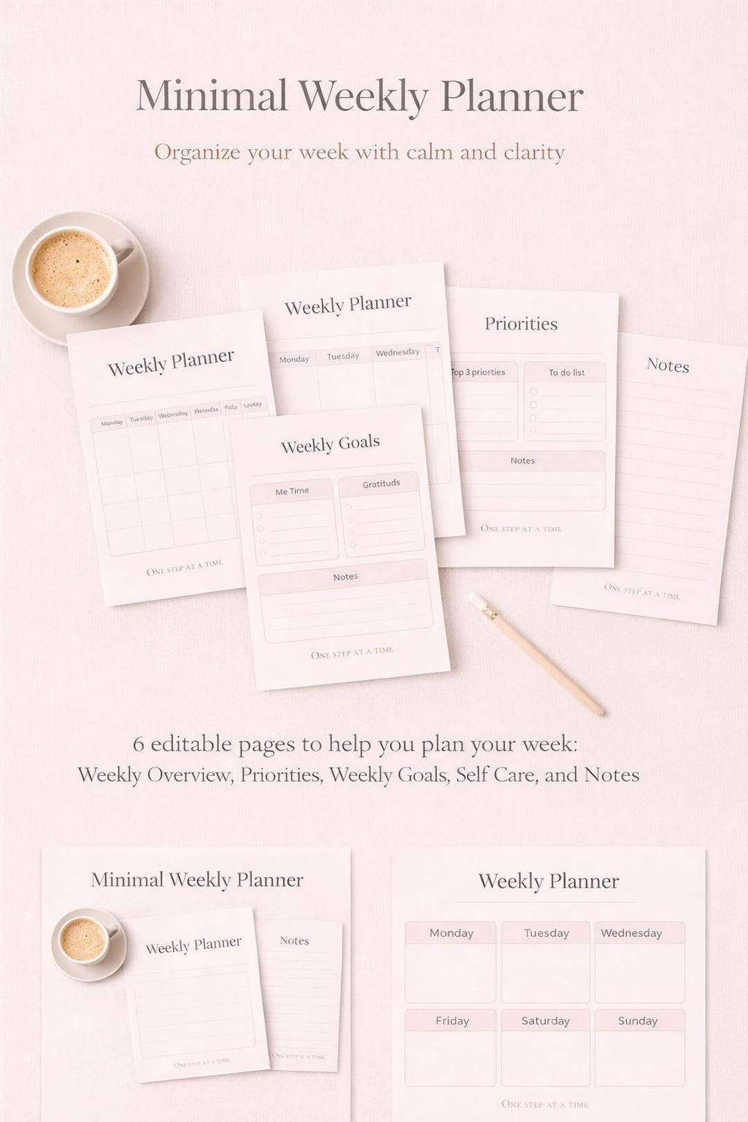 Minimal Weekly Planner Canva Template | Editable Feminine Planner ...
