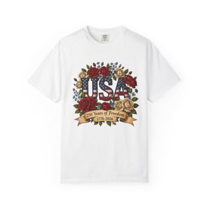 Bloemen USA patchwork T-shirt, Amerika 250e verjaardag patriottisch T-shirt afbeelding 13