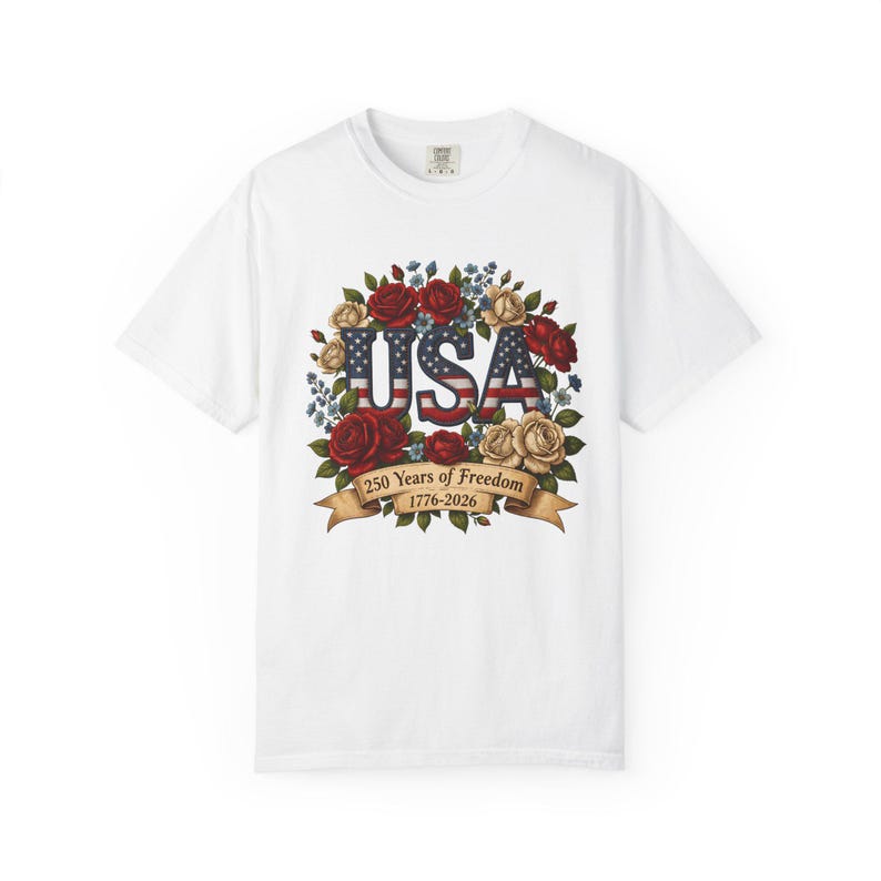 Bloemen USA patchwork T-shirt, Amerika 250e verjaardag patriottisch T-shirt afbeelding 13