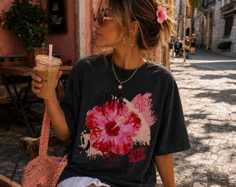 Spray Paint Hibiscus Shirt, Vacation Tropical Flower Streetwear Graphic Tee