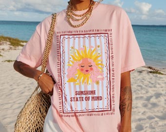 Sunshine State of Mind Boho Sun Face Graphic Tee, Comfort Colors Summer Vibes Shirt