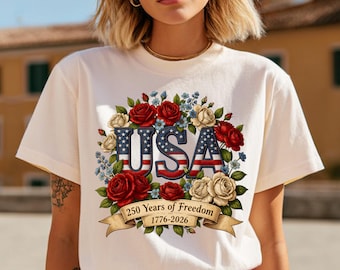 Floral USA Patchwork T-Shirt, America 250th Anniversary Patriotic Tee