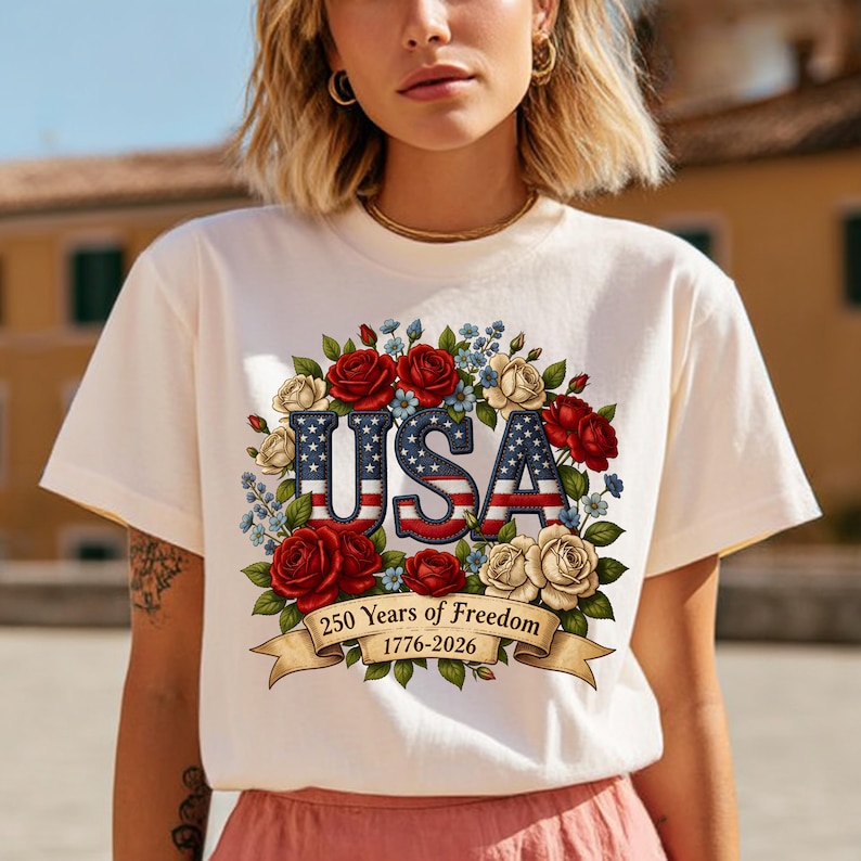 Op de afbeelding: Cr&egrave;mekleurig T-shirt met een bloemenontwerp met het woord "USA" in rood, wit en blauw. Het ontwerp bevat rode en cr&egrave;merozen, blauwe bloemen en een banner met "250 Years of Freedom 1776-2026".