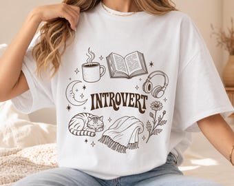 Introvert Reading Shirt, Comfort Colors Bookworm Cat Mom Tee