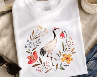 Vintage Crane Bird Shirt, Botanical Floral Nature Tee
