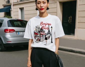 Bonjour Paris Sketch-T-shirt, Parijse straatscène, Europees zomerreisshirt