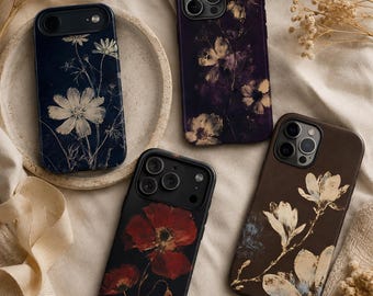 Pressed Flower Art Phone Case, Dark Academia Floral Cover, Wildflower Botanical Design