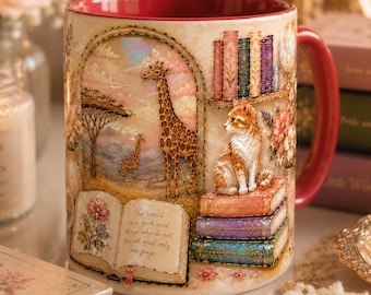 Stained Glass Style Bookshelf Mug, Whimsical Ceramic Animal Mug  Book lover Gift