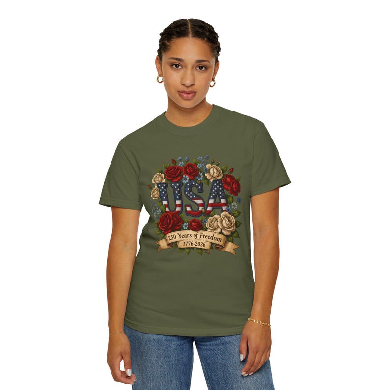 Bloemen USA patchwork T-shirt, Amerika 250e verjaardag patriottisch T-shirt afbeelding 10