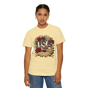 Bloemen USA patchwork T-shirt, Amerika 250e verjaardag patriottisch T-shirt afbeelding 11
