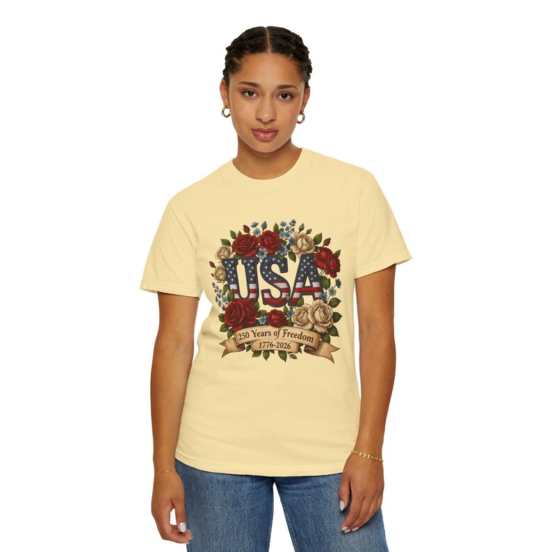 Bloemen USA patchwork T-shirt, Amerika 250e verjaardag patriottisch T-shirt afbeelding 11