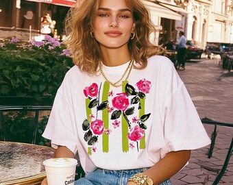 Floral Fashion Sketch, Rose Graphic Tee, Vintage Botanical Shirt