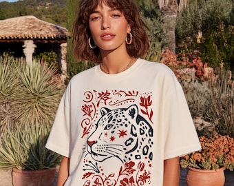 Dark Academia Leopard Graphic Tee – Linocut Tattoo Art Top
