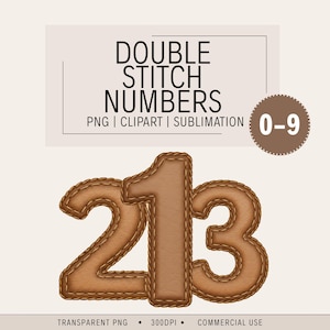 Puede incluir: Diseño digital con los números 2, 1 y 3 en un estilo de cuero cosido. La imagen incluye el texto "DOUBLE STITCH NUMBERS" y "PNG | CLIPART | SUBLIMATION". Un gráfico circular muestra los números "0-9".