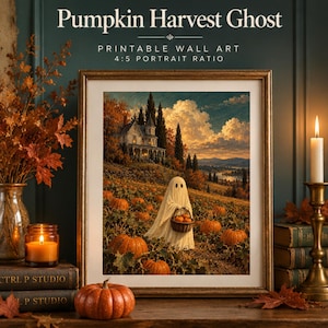 Op de afbeelding: Een ingelijste wandkunstprint getiteld Pumpkin Harvest Ghost met een witte geest die een mand vasthoudt in een pompoenveld met een huis op de achtergrond. De tekst luidt Pumpkin Harvest Ghost, Printable Wall Art, 4:5 Portrait Ratio.
