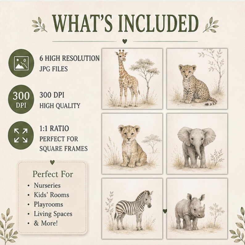 Neutral Safari Animal Prints Set of 6 | Baby Jungle Nursery Gallery ...
