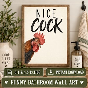 May include: A framed wall art print featuring a rooster head with brown, black, and red feathers. The text NICE COCK is printed in black above the rooster. The background is a light cream color, and the frame is a medium-toned brown wood.
