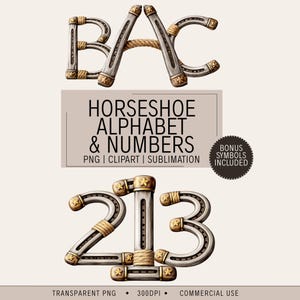 Könnte beinhalten: Digitales Design mit den Buchstaben "BAC" und den Zahlen "213" aus Hufeisen. Das Design umfasst Seilakzente und goldene Sterndetails. Der Text lautet "Horseshoe Alphabet & Numbers" und "Bonus Symbols Included."
