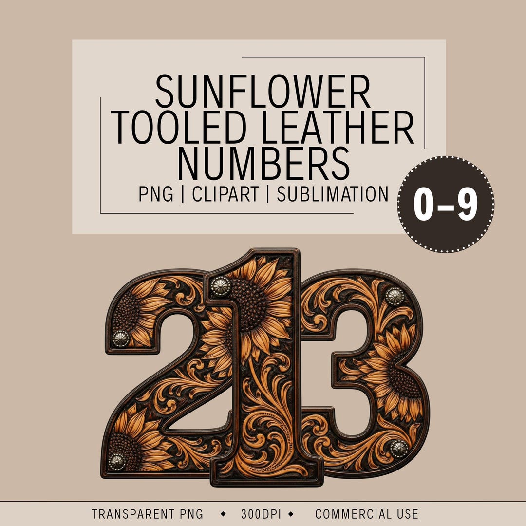 Sunflower Number Pattern Sunflower Leather Numbers 0–9 – Western Floral Number Set PNG (digital ...
