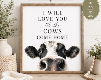 Lámina decorativa rústica con cita sobre una vaca de granja, ideal para la habitación del bebé (descarga digital).
