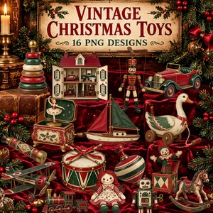 May include: A collection of vintage Christmas toys including a dollhouse, nutcracker, toy car, sailboat, pull-along duck, music box with ballerina, drum, spinning top, jack-in-the-box, airplane, train, robot, rocking horse, and doll.