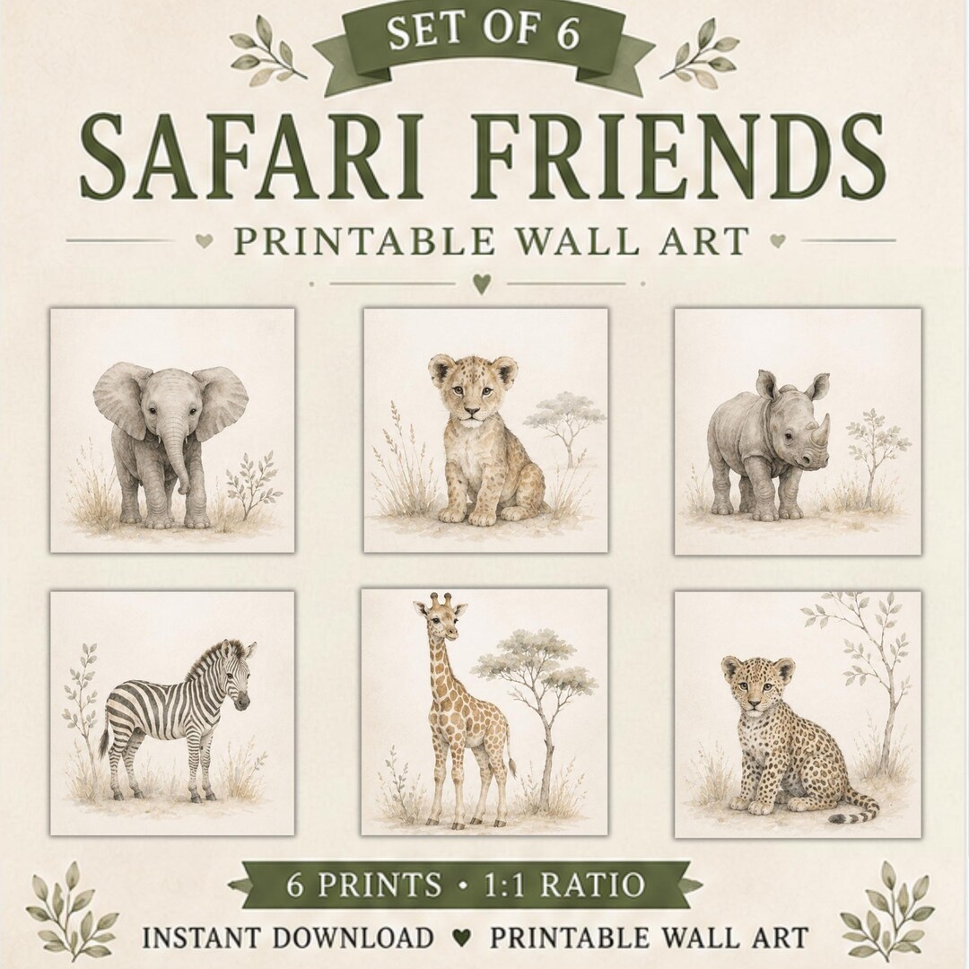 Neutral Safari Animal Prints Set of 6 | Baby Jungle Nursery Gallery ...