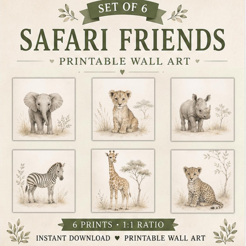 Neutral Safari Animal Prints Set of 6 | Baby Jungle Nursery Gallery ...