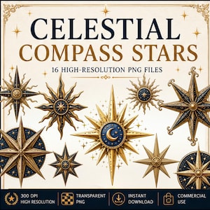 Könnte beinhalten: Eine Sammlung von 16 himmlischen Kompassstern-Grafiken in Gold und Dunkelblau. Das Bild zeigt verschiedene Sterndesigns mit Strahlen, einige mit Mondsichelmotiven. Der Text lautet CELESTIAL COMPASS STARS, 16 HIGH-RESOLUTION PNG FILES, 300 DPI.